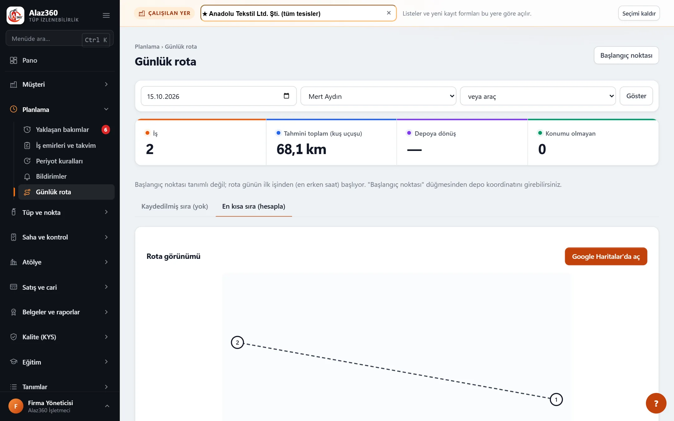 Alaz360 — Günlük rota